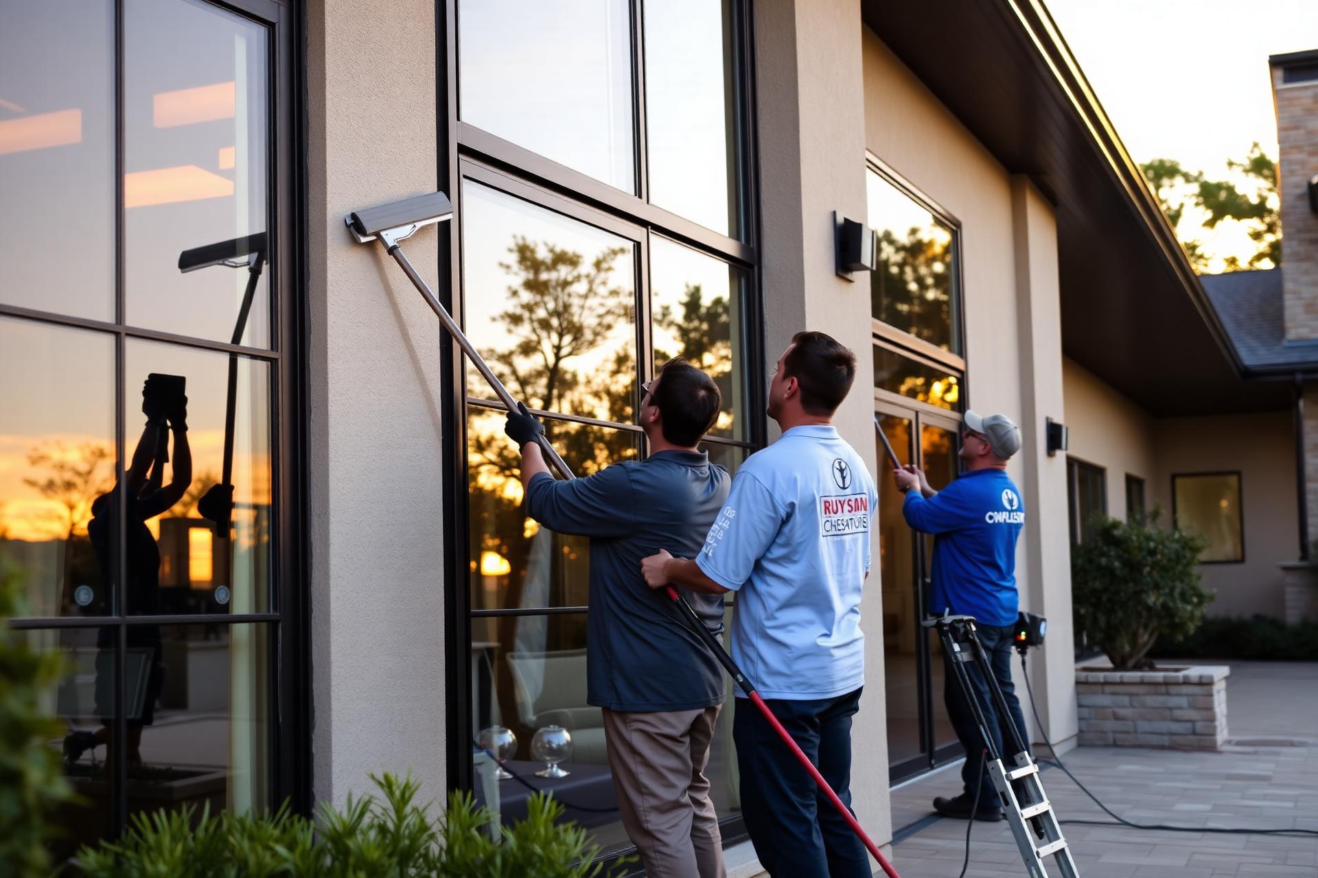Professional cleaning crew washing exterior windows of a modern Texas home